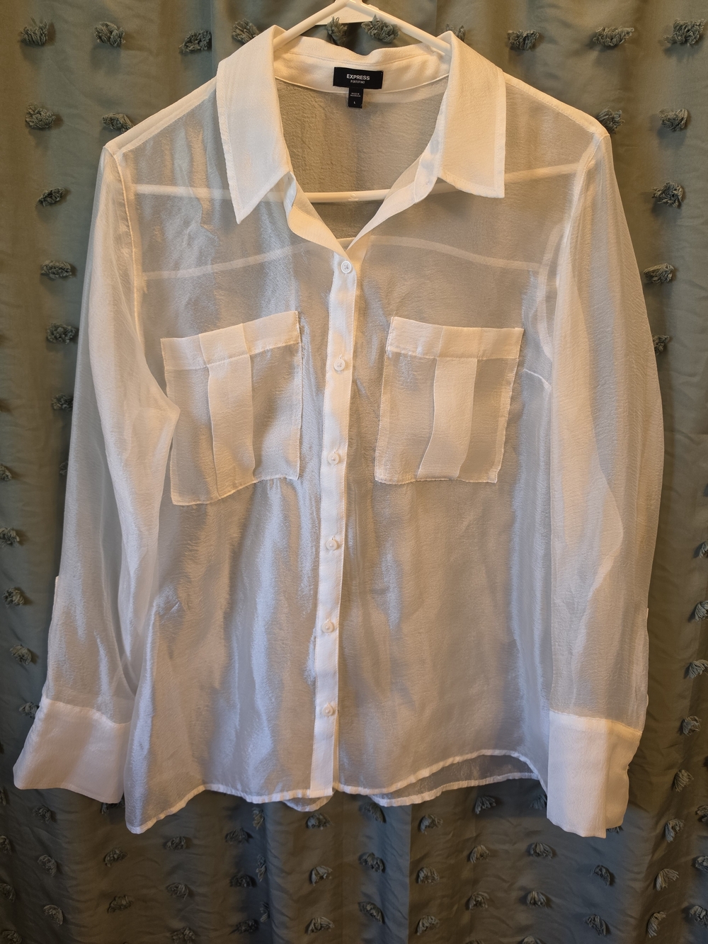 Express Sheer White Button-Front Blouse with Patch Pockets